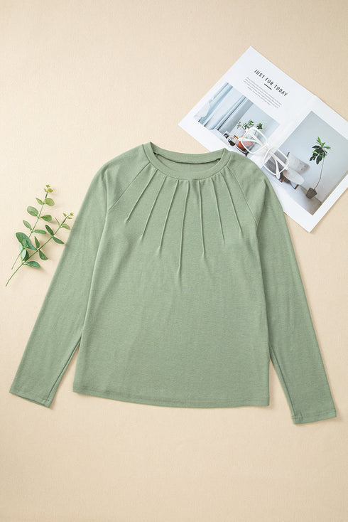 Raglan Long Sleeve Exposed Seam Detail Relaxed Fit Crew Neck Top